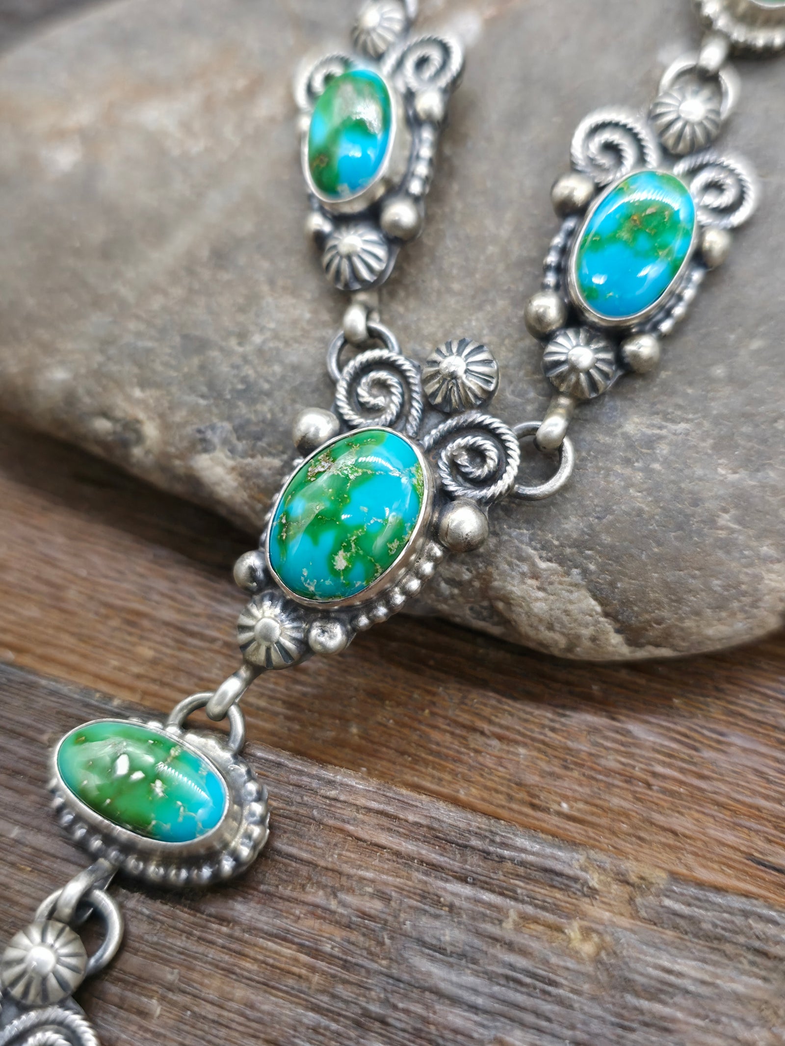 Sonoran Gold Turquoise Sterling Silver Lariat Necklace and Post Dangle Earrings Set by Kathleen Livingston - 24 in.