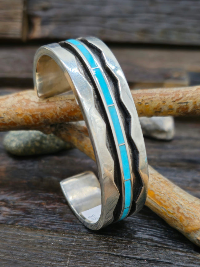 Sterling Silver and Turquoise Channel Inlay Bracelet by Larry Loretto 7 in