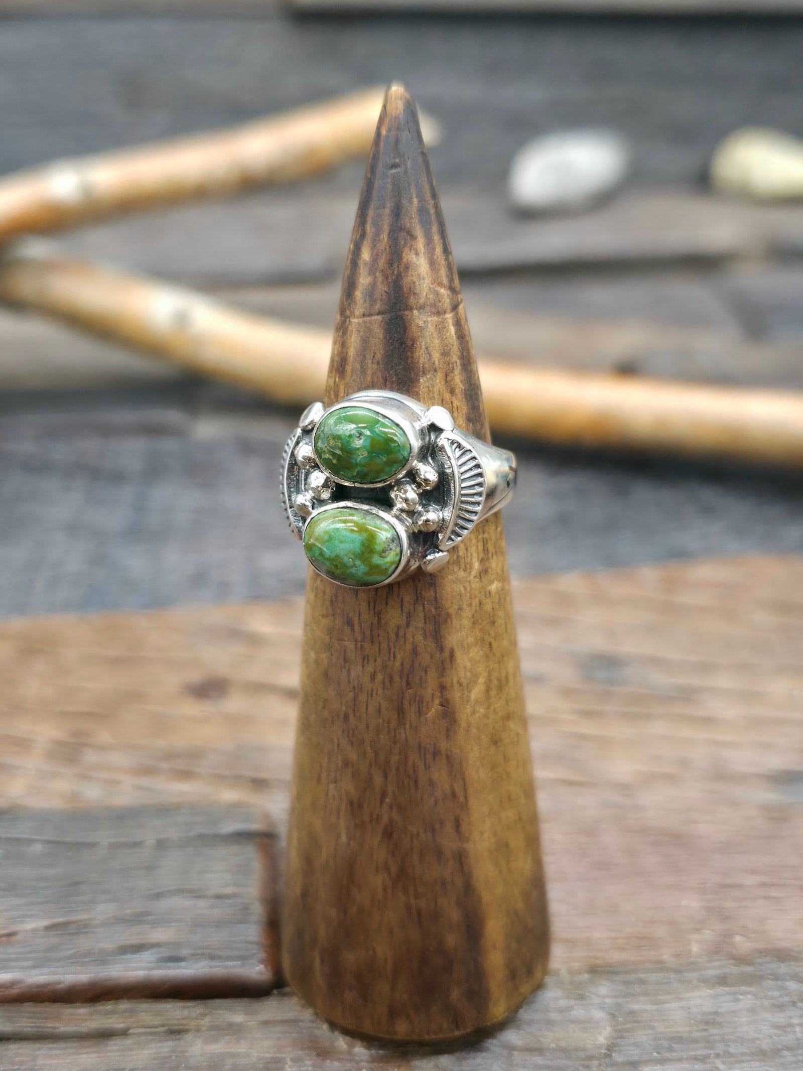Two Stone Sterling Silver Sonoran Turquoise Ring by Albert Topaha - Size 10 1/2