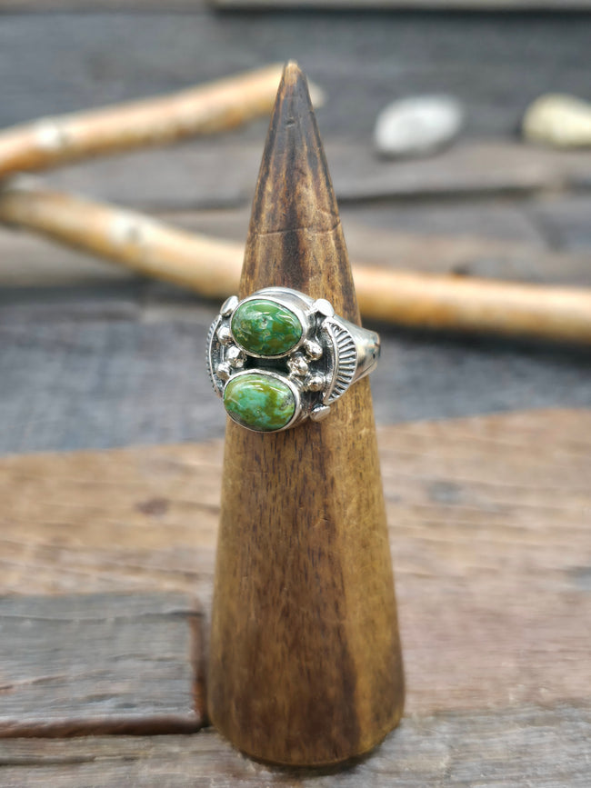 Two Stone Sterling Silver Sonoran Turquoise Ring by Albert Topaha - Size 10 1/2