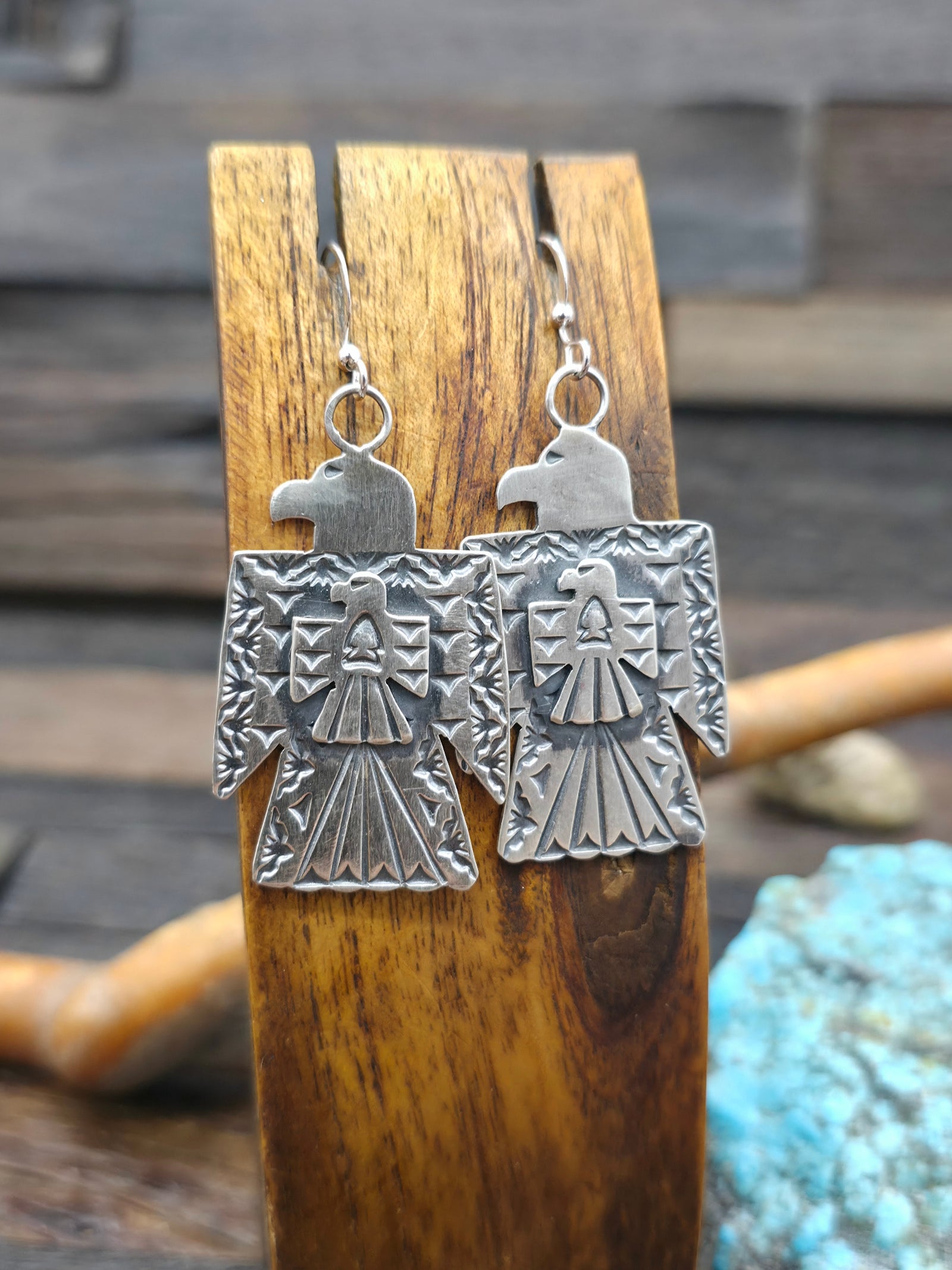 Stamped Sterling Silver Thunderbird Earrings by Bo Reeves - 2 1/2 in. by 1 in.