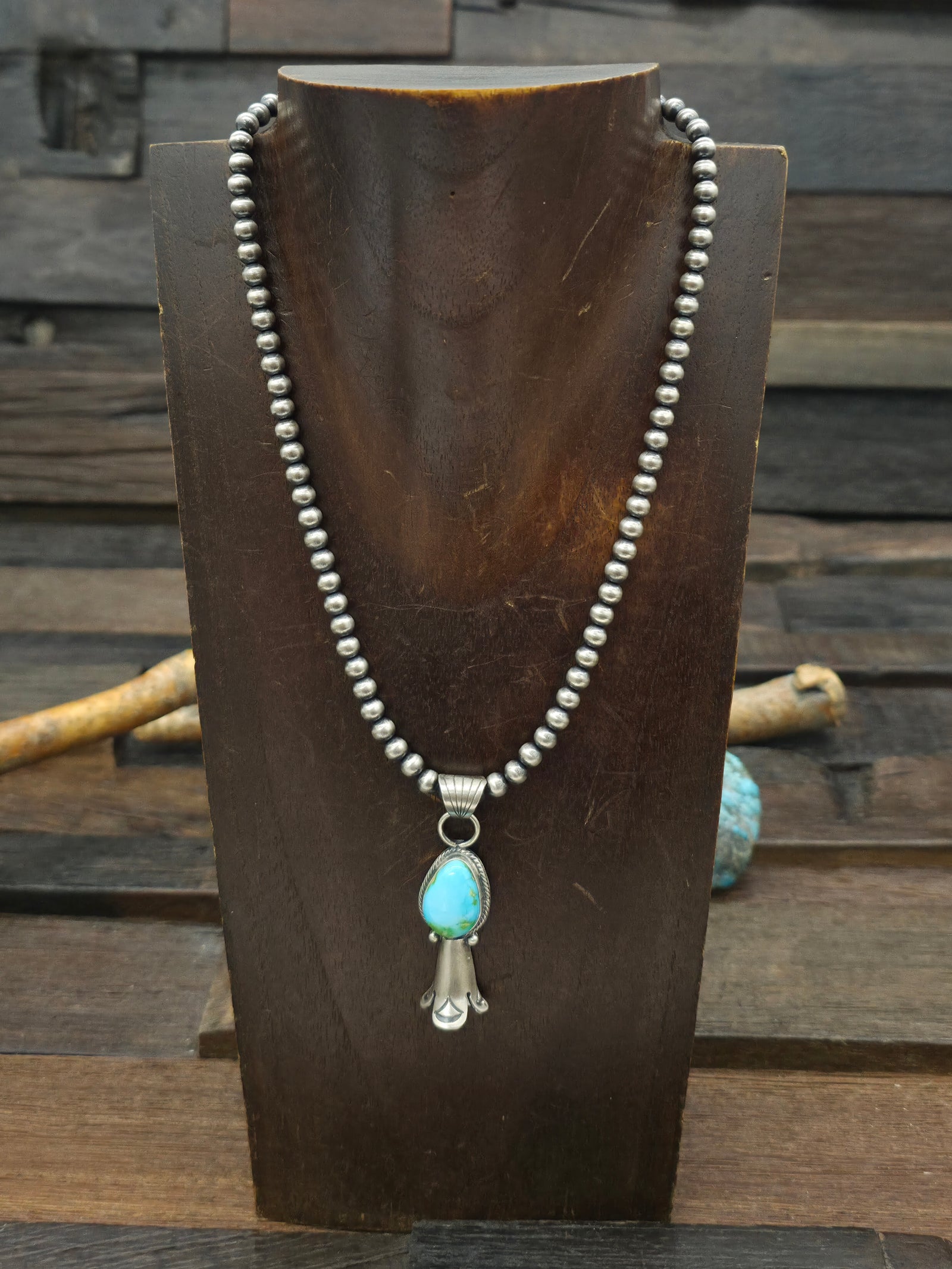 Sterling Silver Blue Sonoran Turquoise Squash Blossom Pendant on Navajo Pearls by Sharon McCartney - 16 in.