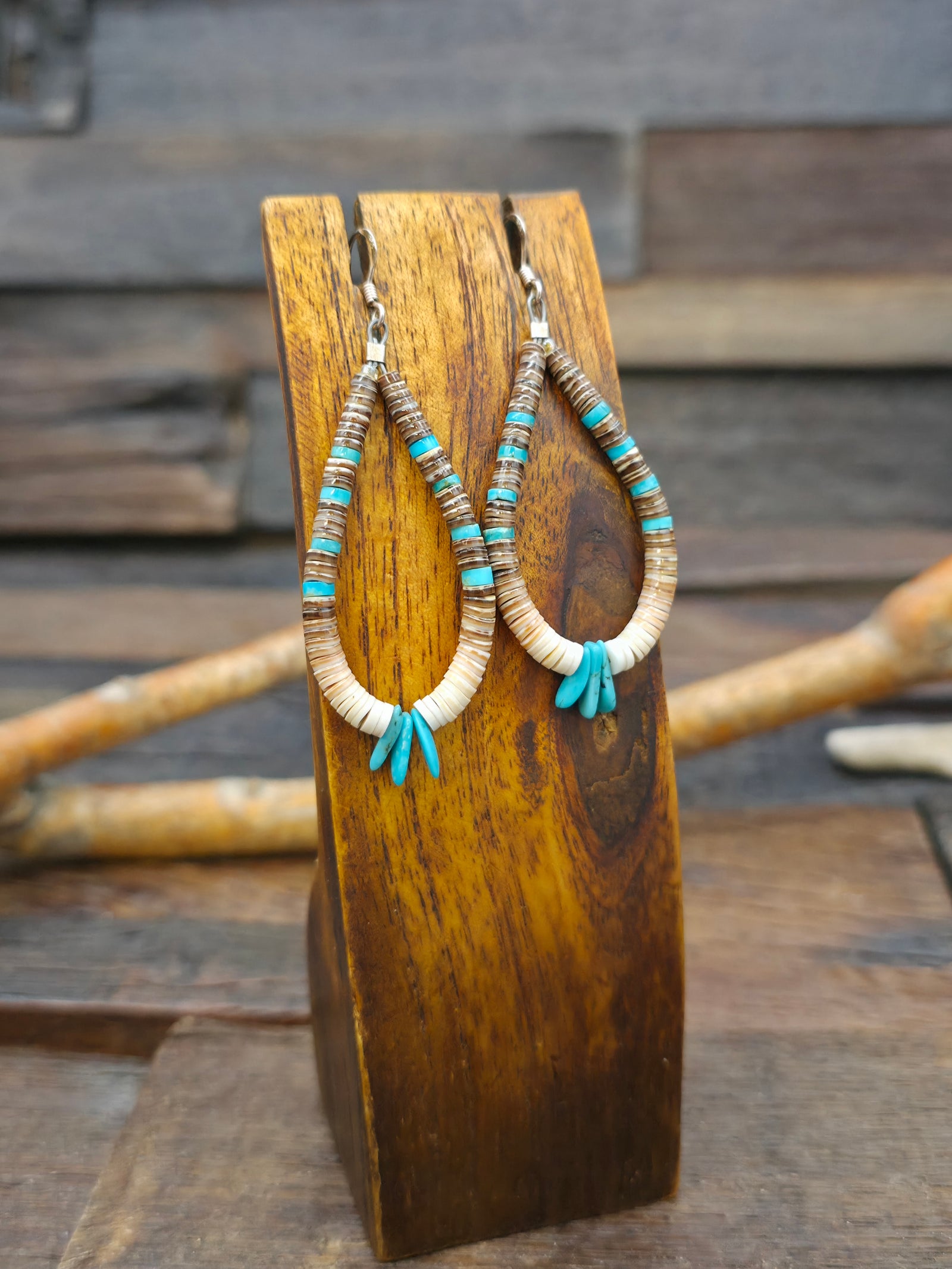 Turquoise and Heishi Ombre Loop Earrings by Calvin Lovato - 2 1/2 in. by 1 in.