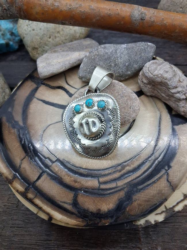 Sterling Silver Kingman Turquoise Cowboy Hat Pendant by Bobby Platero Navajo 2 1/2"