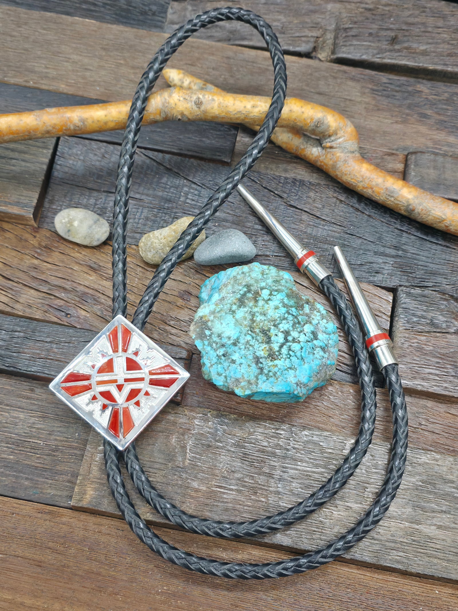 High Shine Sterling Silver Coral Inlay Bolo Tie by Michael Perry - 44 in.