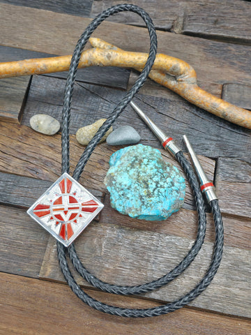High Shine Sterling Silver Turquoise and Coral Inlay Pendant by Michael Perry - 3 1/4 in. by 2 in.