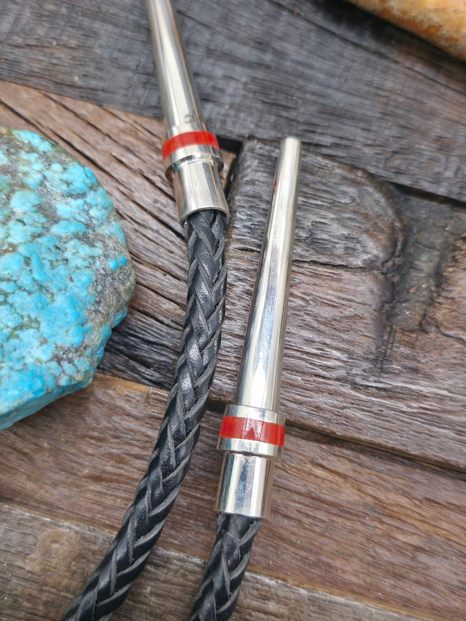 High Shine Sterling Silver Coral Inlay Bolo Tie by Michael Perry - 44 in.