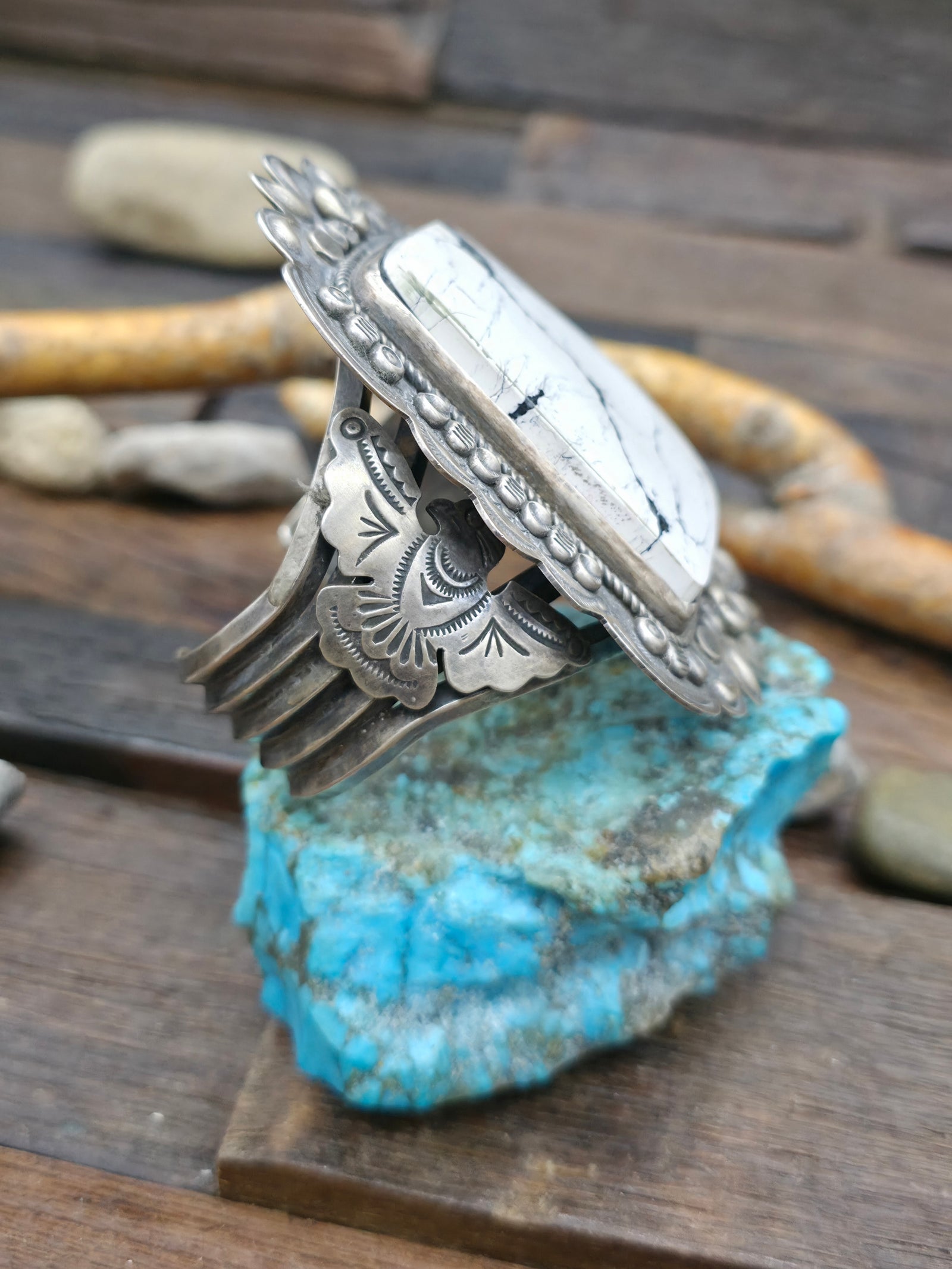 Stamped Sterling Silver White Buffalo Thunderbird Cuff Bracelet by Dean Sandoval - 7 in.
