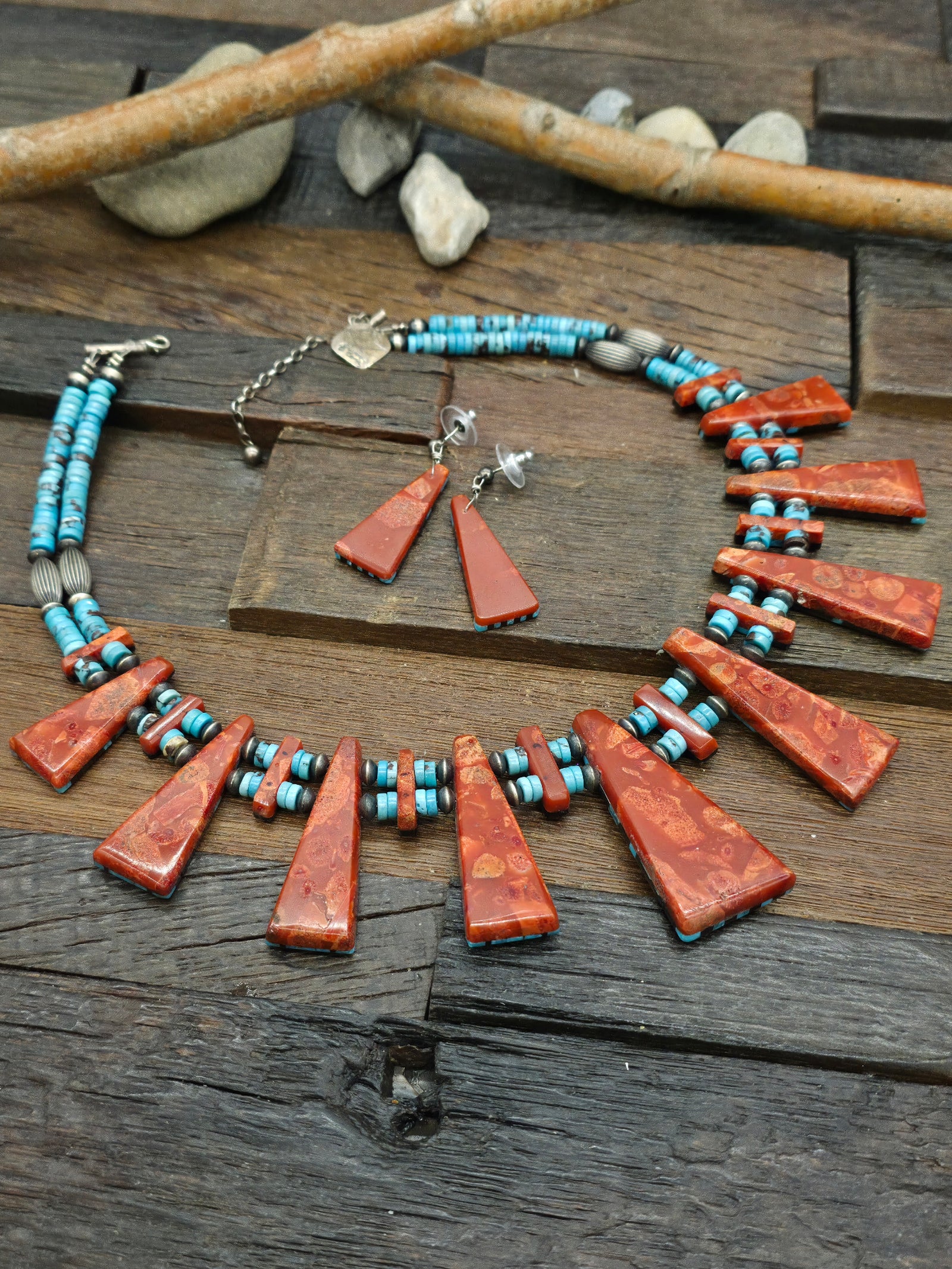 Turquoise, Jet, and Apple Coral Necklace and Earring Set by Daniel Coriz - 16 in. plus 2 in. Extender
