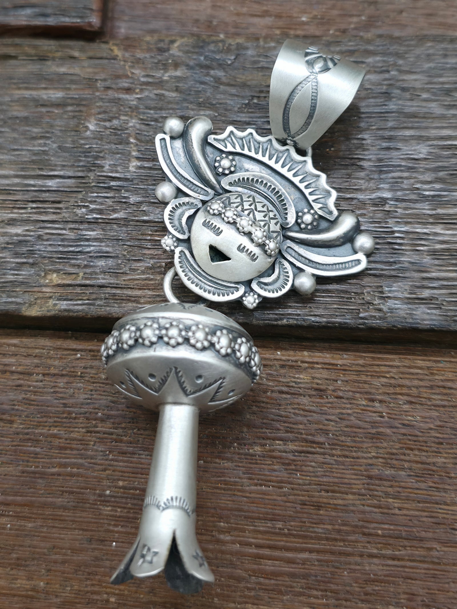 Sterling Silver Squash Blossom Kachina Pendant by Ronald Tom - 4 in. by1 1/2 in.