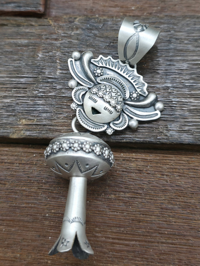 Sterling Silver Squash Blossom Kachina Pendant by Ronald Tom - 4 in. by1 1/2 in.