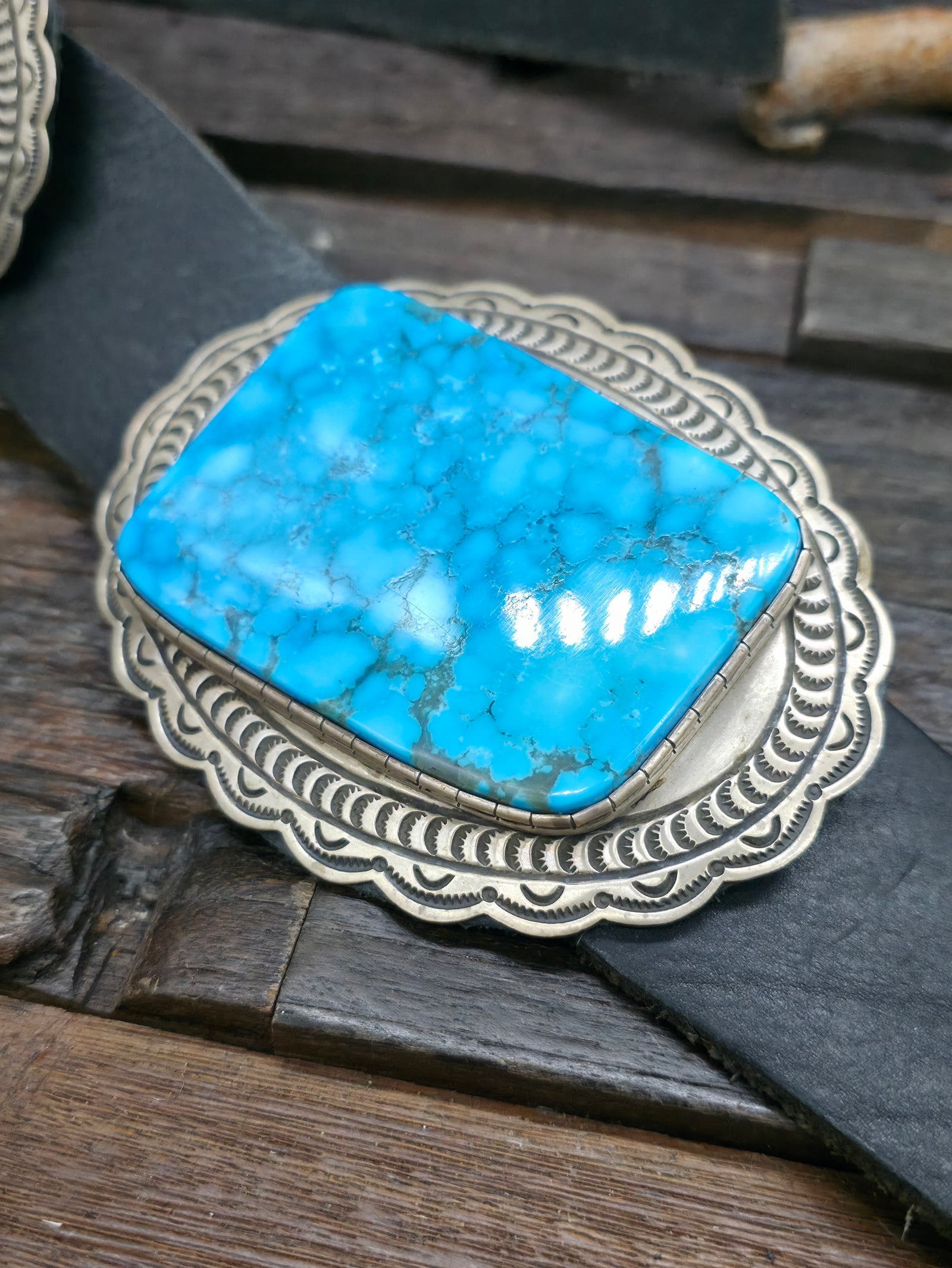 Stamped Sterling Silver Kingman Turquoise Concho Belt by Delbert Delgarito - 60 in.