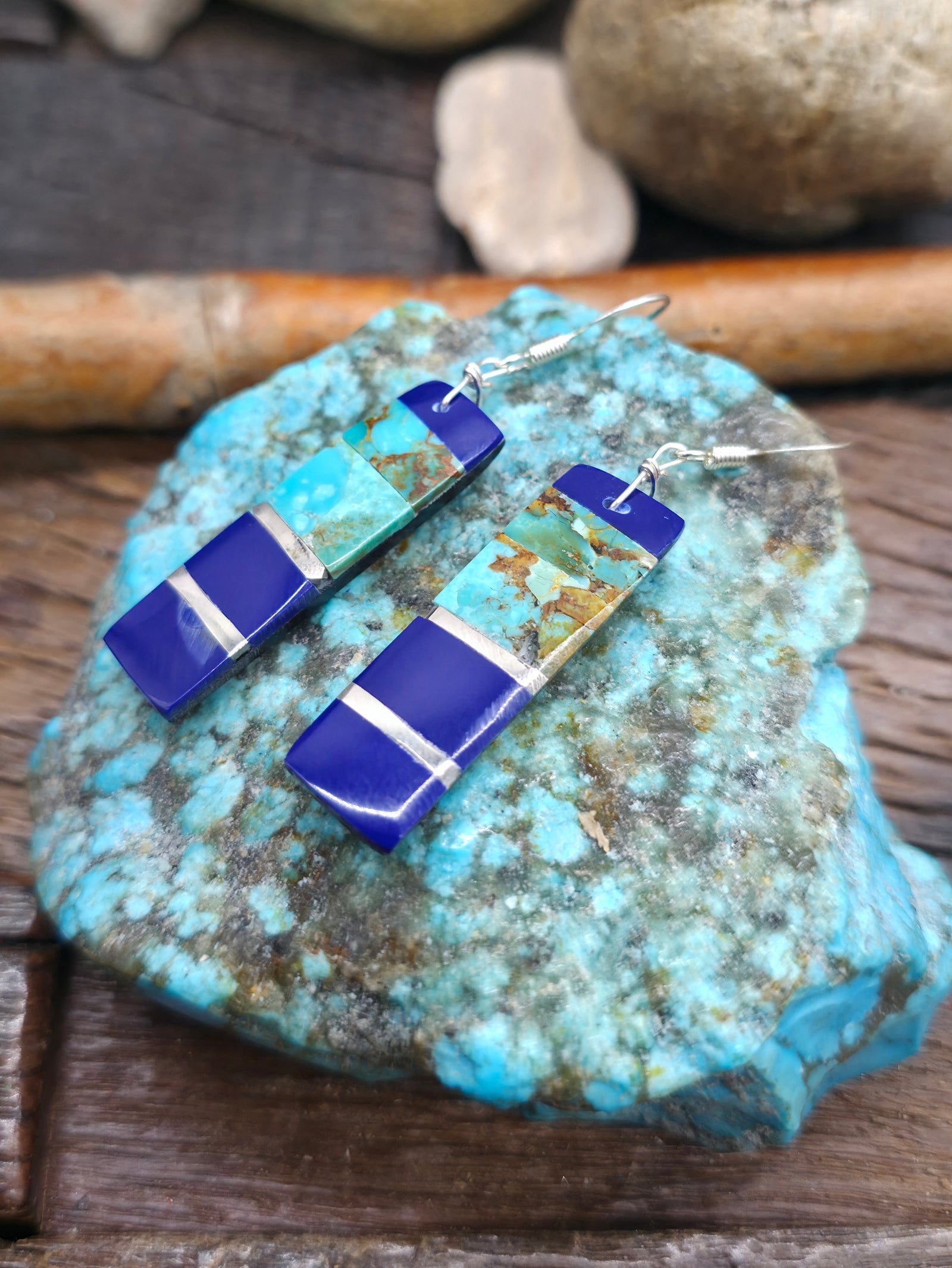 Sterling Silver Turquoise Lapis and Jet Mosaic Inlay Earrings by Veronica Tortalita - 2 1/4 in. by 1/2 in.