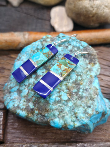 Louise Pete Turquoise Slab Earrings with Feathers