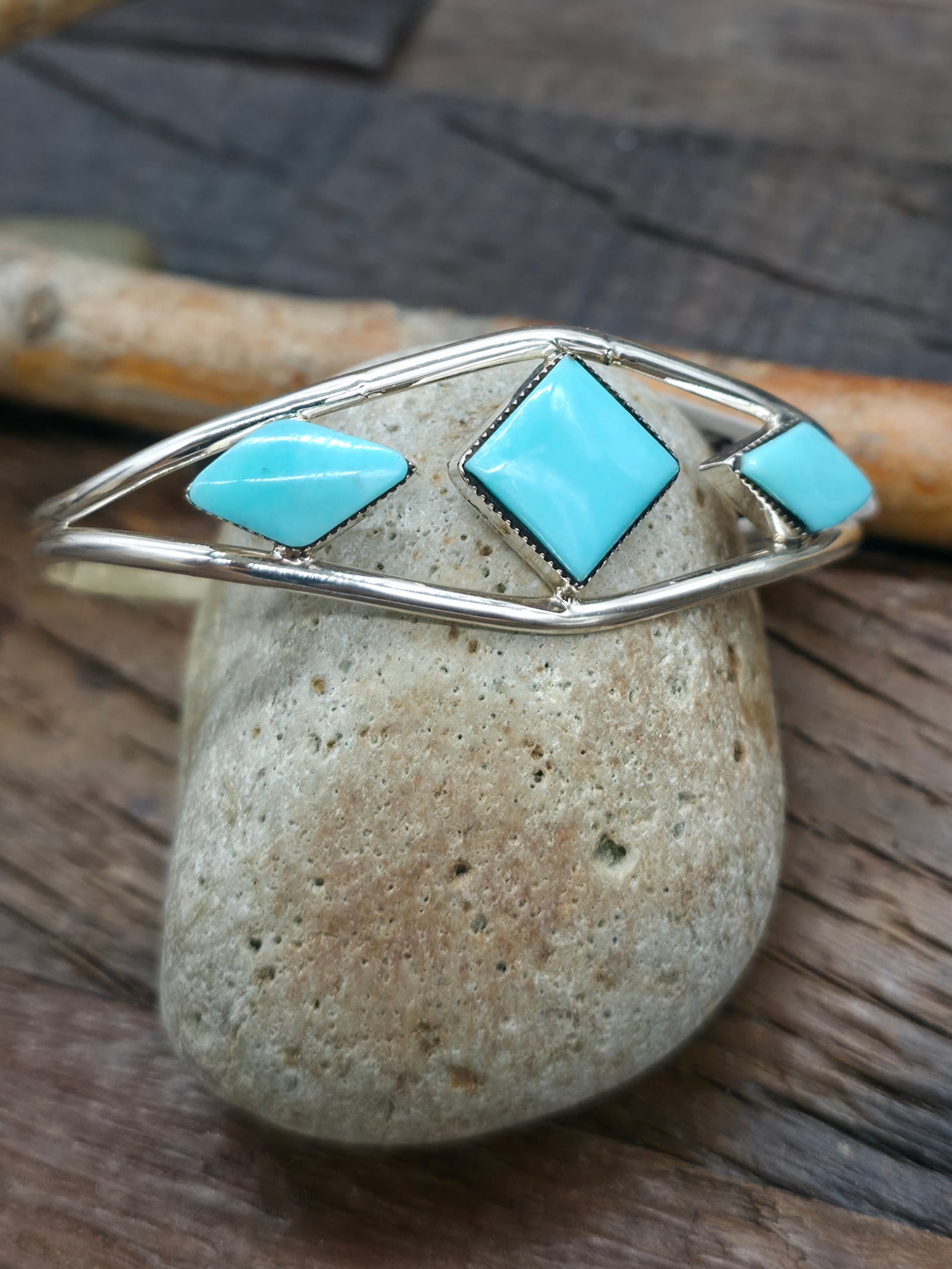 High Shine Sterling Silver and Turquoise Cuff by Helen Barbone - 6 3/4 in. with Gap