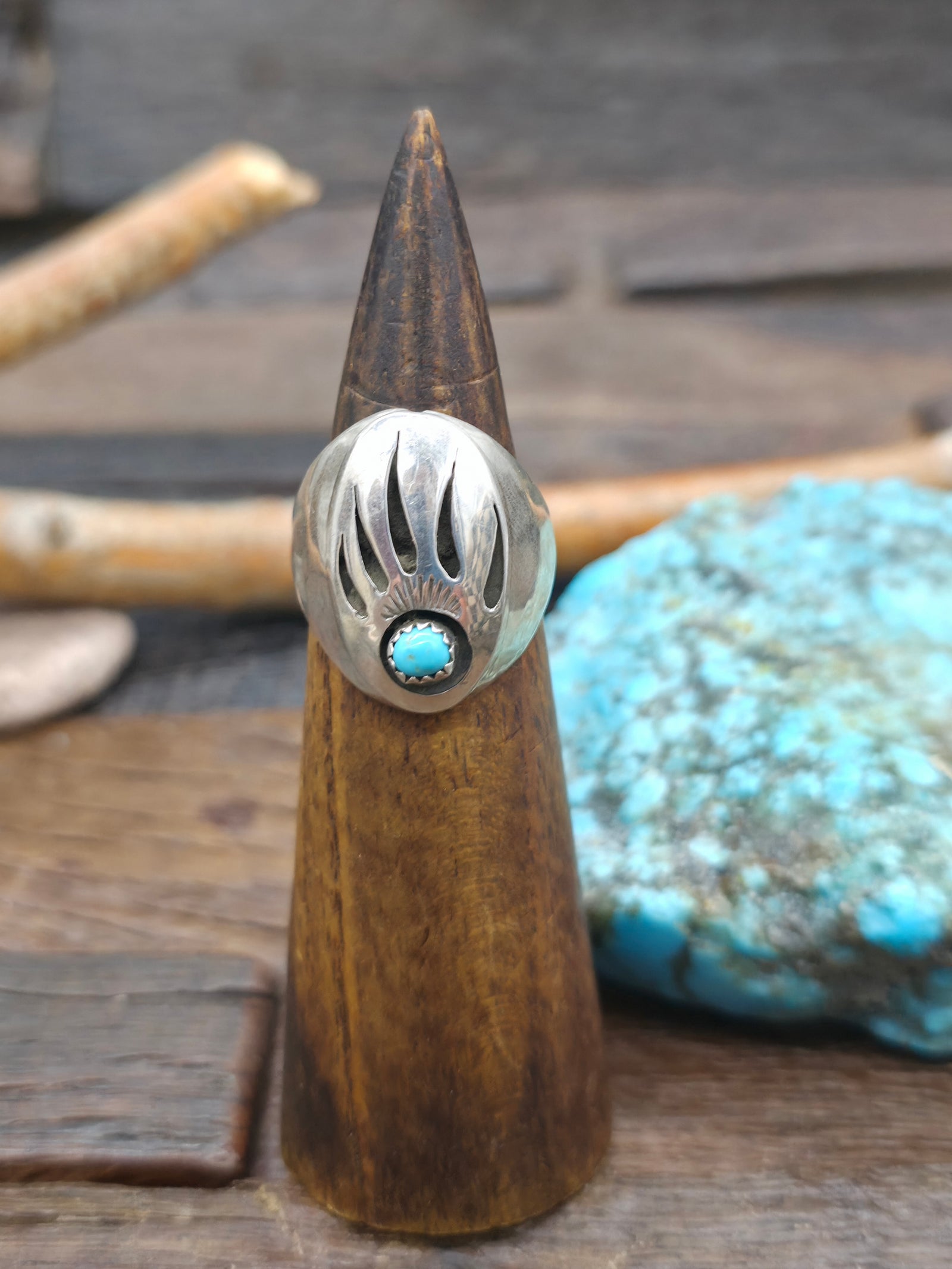 Sterling Silver Blue Turquoise Shadowbox Bear Paw Ring by Rose Ann Silago  - Size 9 1/2