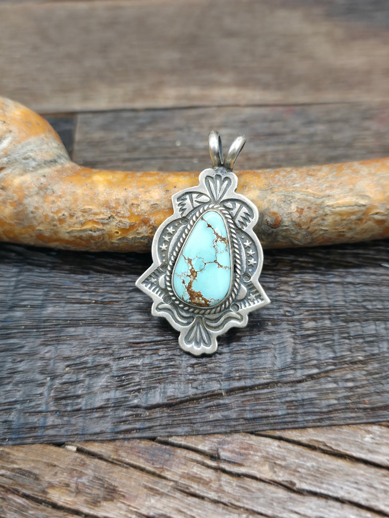Stamped Sterling Silver #8 Turquoise Pendant by Bo Reeves - 1 3/4 in. by 1 in.