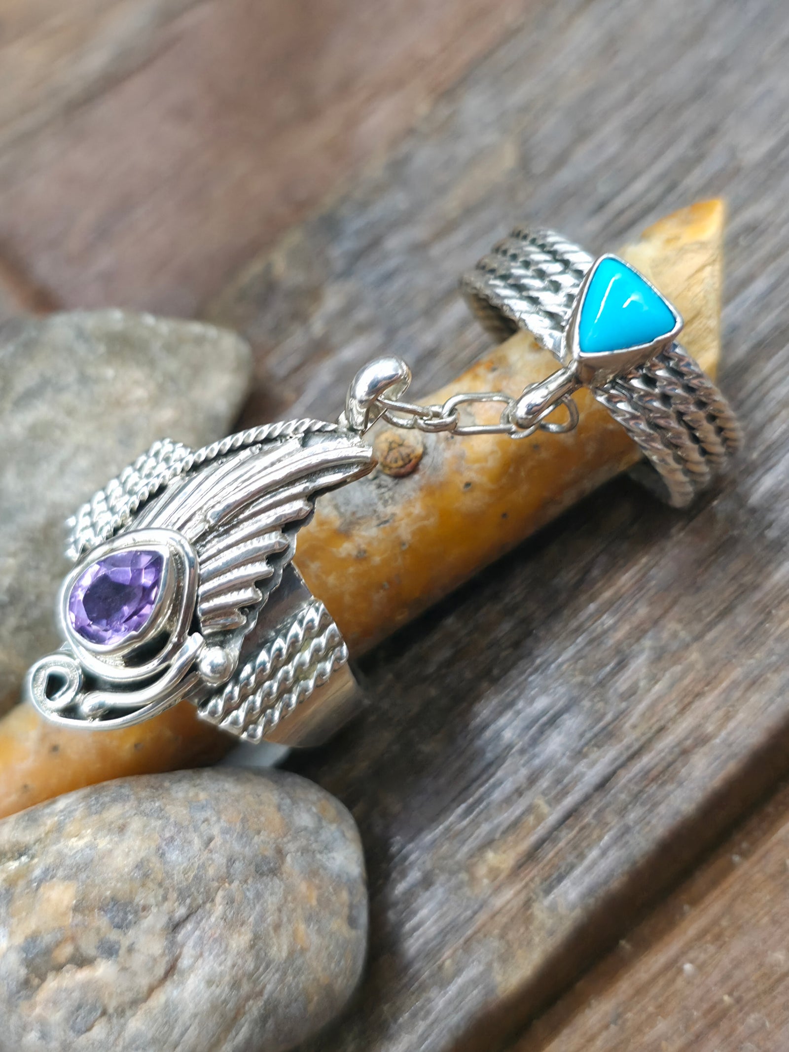 Sterling Silver Leaf Applique Amethyst Ring with Captured Turquoise Ring by Gilbert Smith - Size 9 1/2