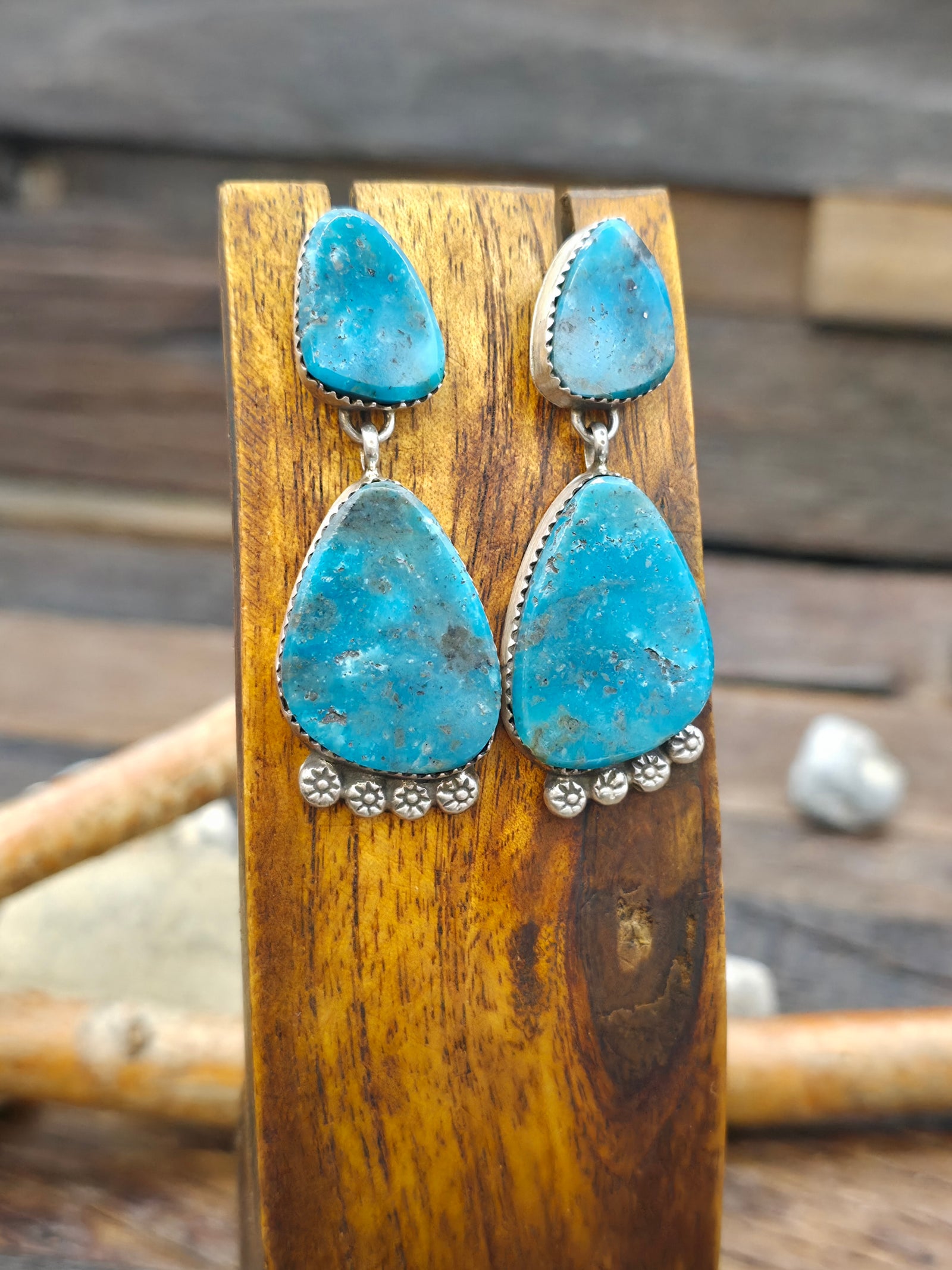 Two Stone Turquoise Sterling Silver Post Earrings by Selena Warner - 2 in. by 3/4 in.