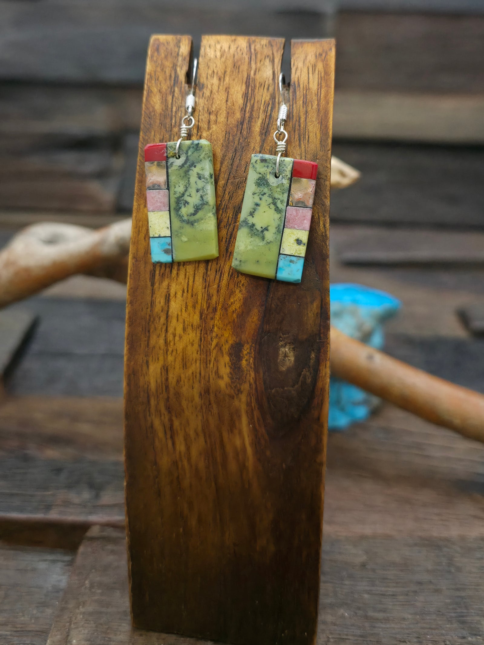 Green Turquoise Mosaic Inlay Santo Domingo Earrings by Mary Tafoya