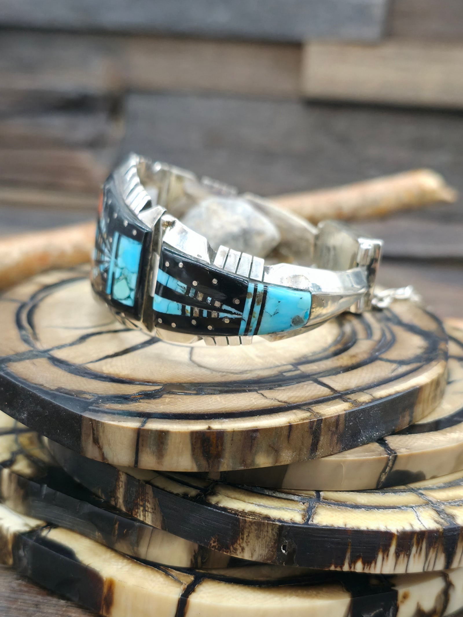 Turquoise Sterling Silver Inlay Bracelet by Ray Jack