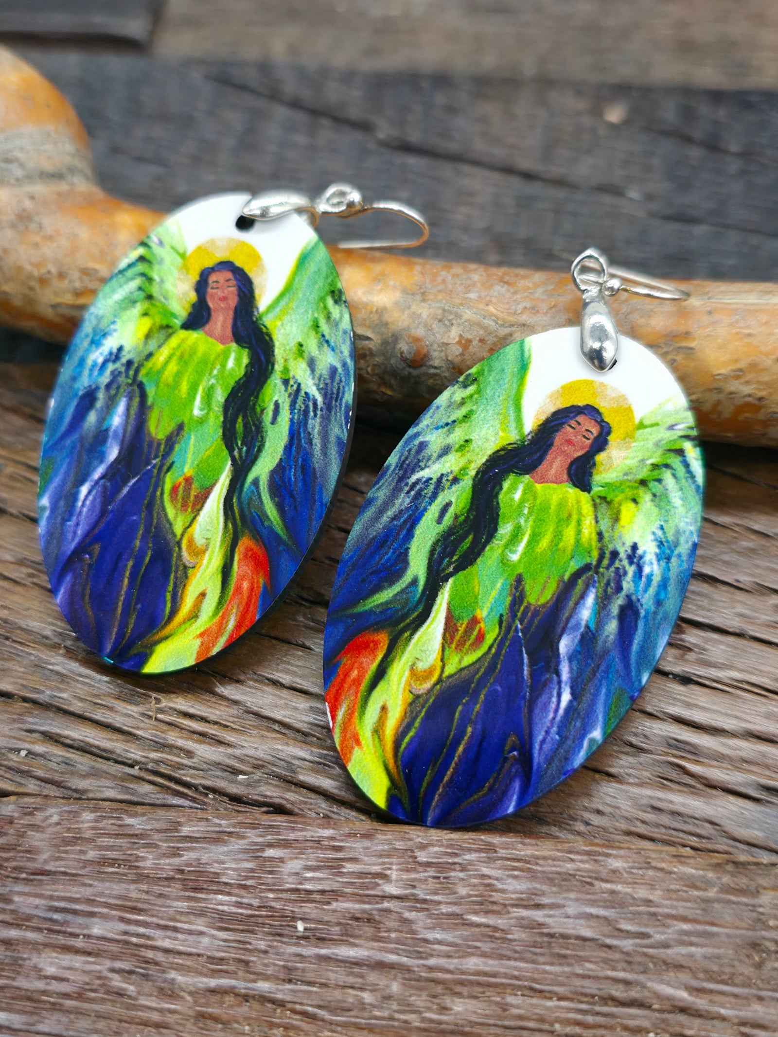 Art Earrings by Bill and Tracy Rabbit - Green Wings Woman