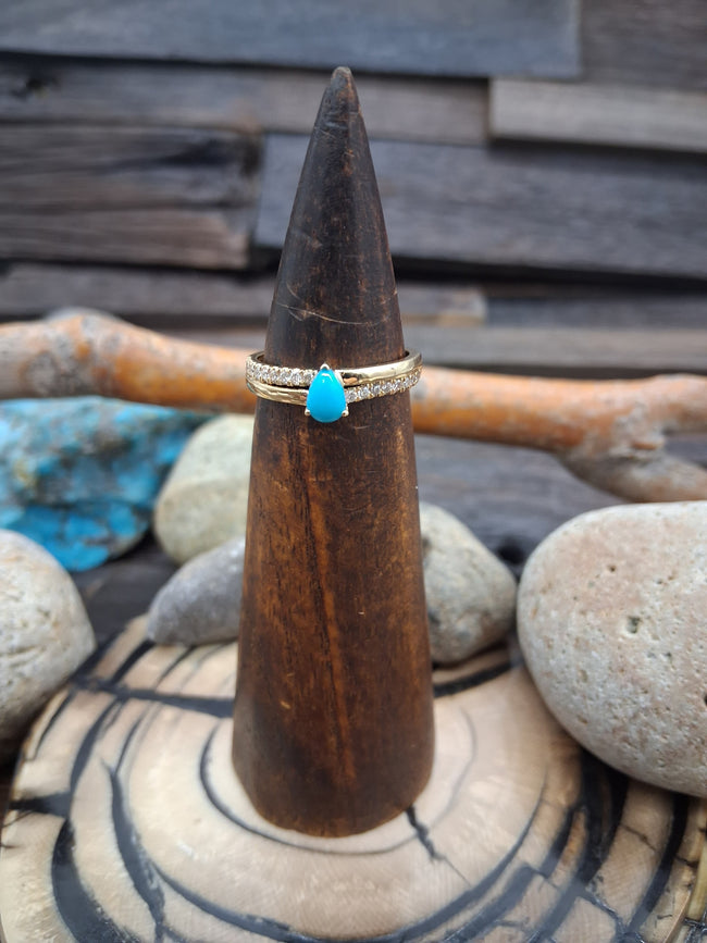 14KT Gold Sleeping Beauty Turquoise Teardrop Diamond Band Inlay Ring Size 6 3/4