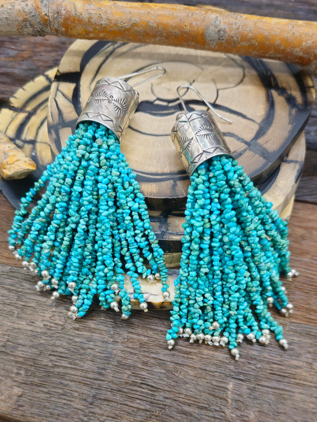 25 Strand Turquoise Tassel Statement Earrings by Fred Archuleta
