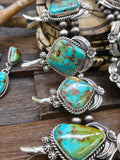 Turquoise and Sterling Silver Leaf Applique Squash Blossom Necklace and Earring Set by Leonard Platero - 30 in.