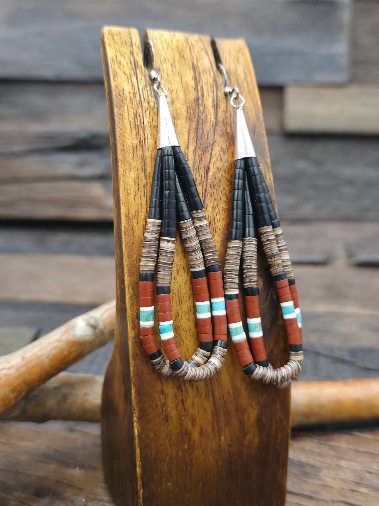 Heishi Earrings by Dorene Calabaza - Jet, Olive Shell, Pipestone, Turquoise - 4 in. by 1 in.
