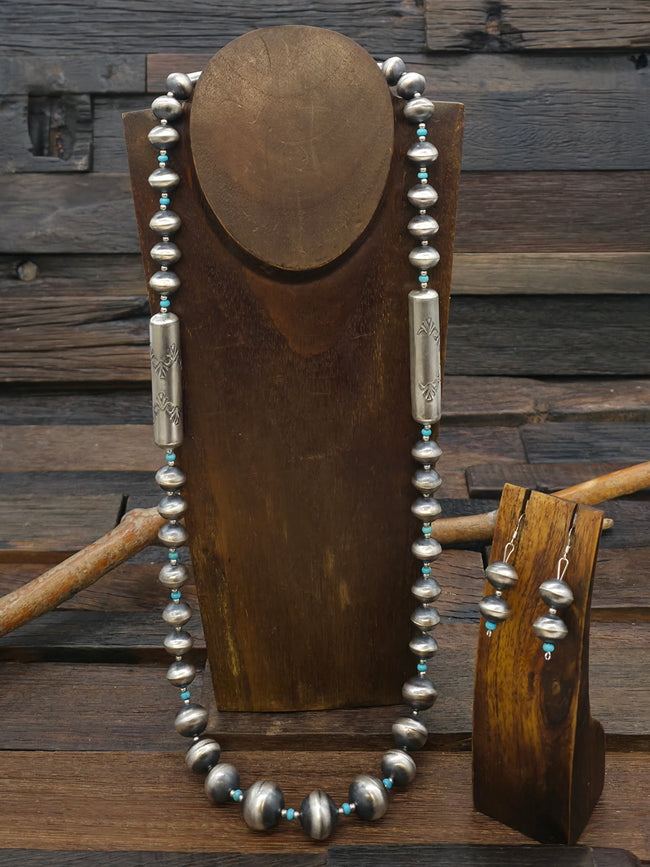 Stamped Sterling Silver and Blue Turquoise Bead Necklace and Earring Set by Sharon Cooley - 31 in.