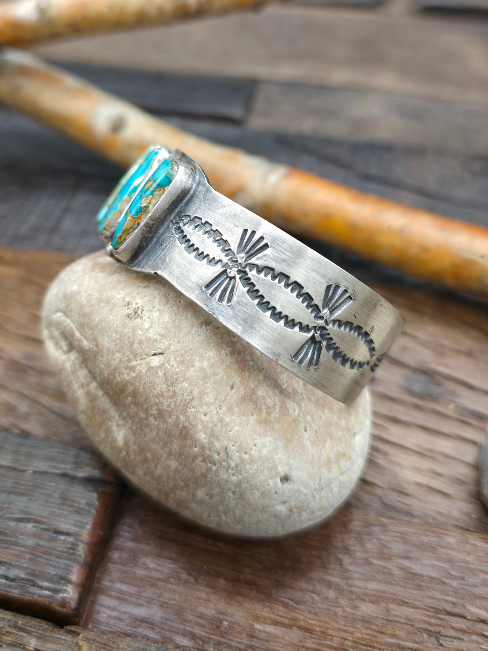 Five Stone Stone Blue Gem Turquoise Stamped Sterling Silver Cuff by LaRose Ganadanegro - 6 3/4 in. with Gap