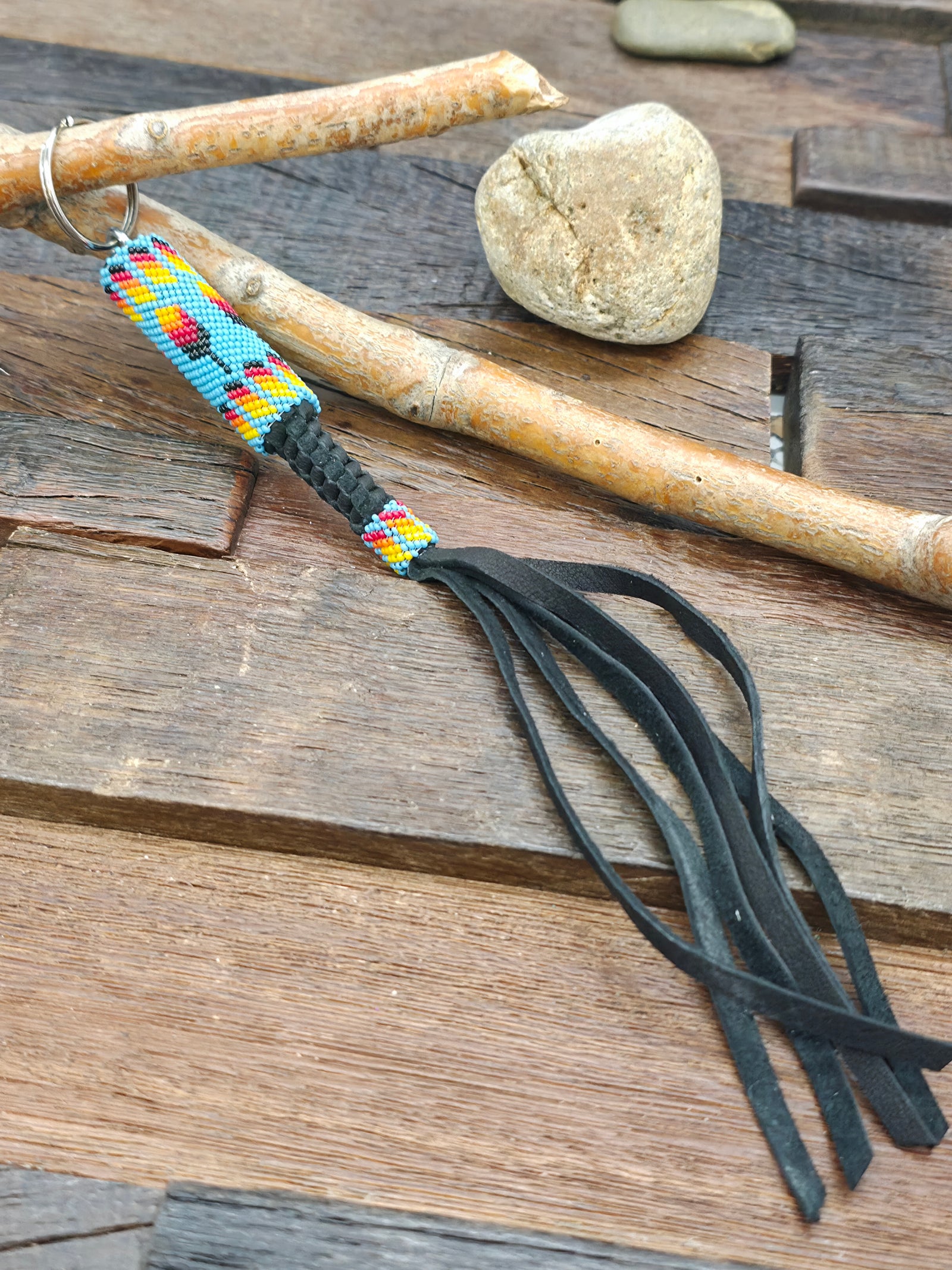 Beadwork Keychain - Blue with Orange Feather Design