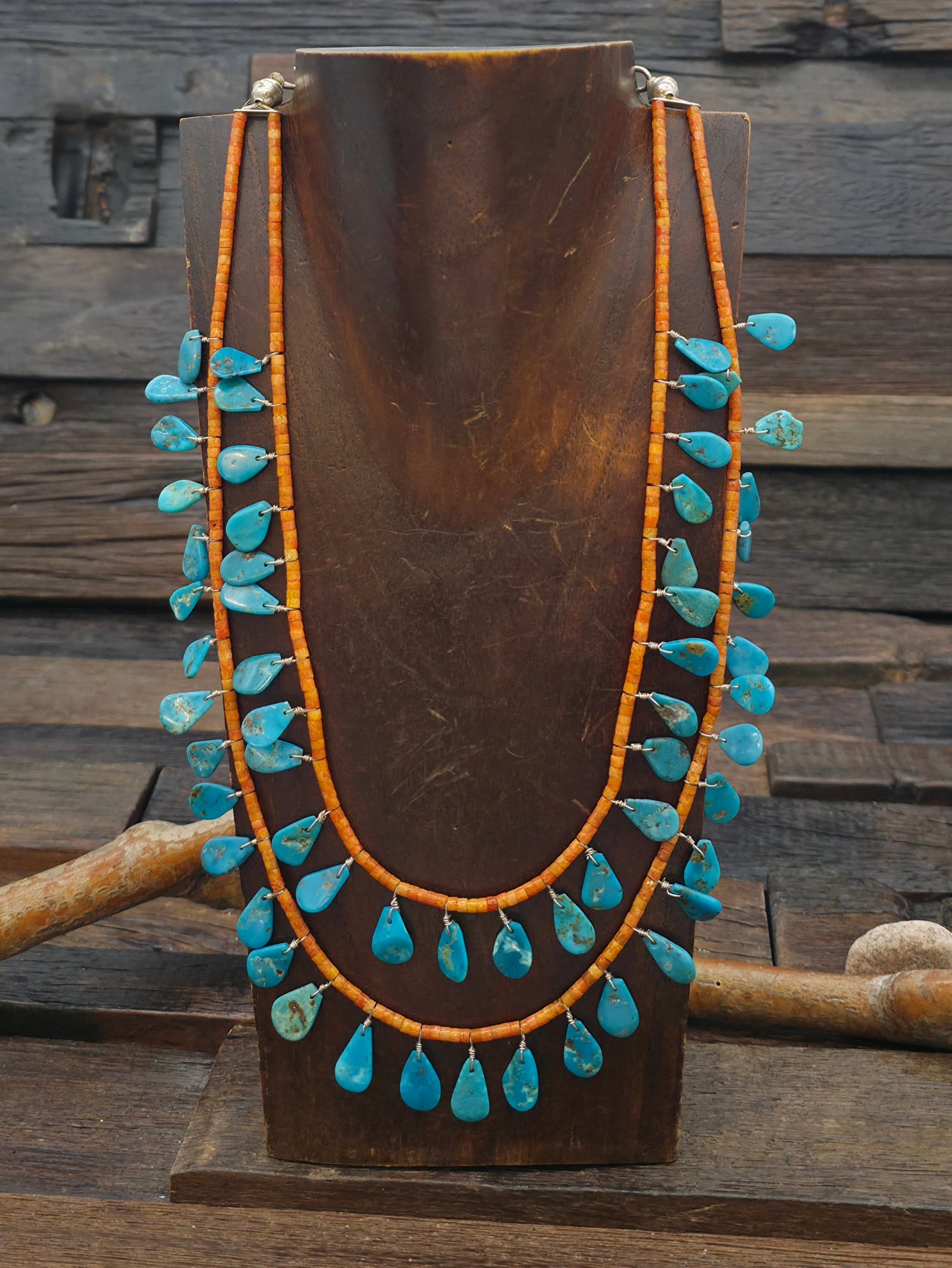Two Strand Sponge Coral Heishi Necklace with Turquoise Tabs by Torevia Crespin - 16 in. plus 3 in. Extender