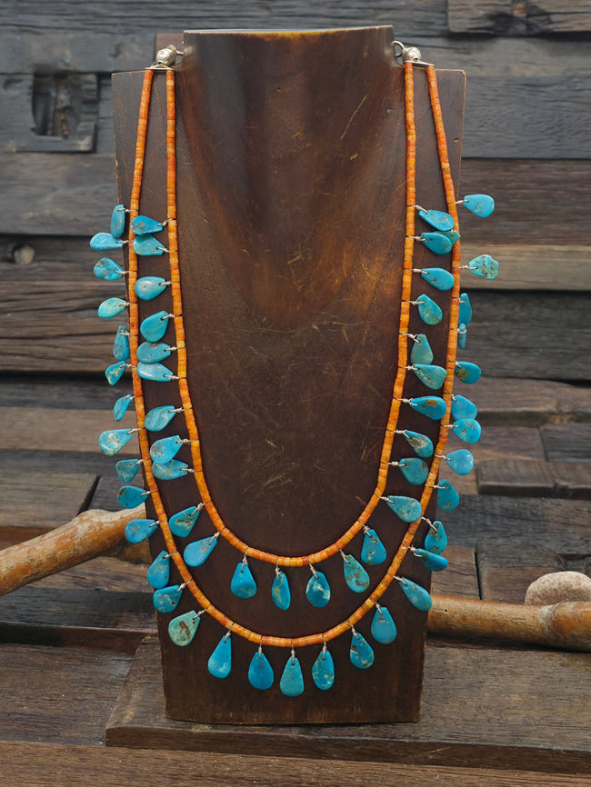 Two Strand Sponge Coral Heishi Necklace with Turquoise Tabs by Torevia Crespin - 16 in. plus 3 in. Extender