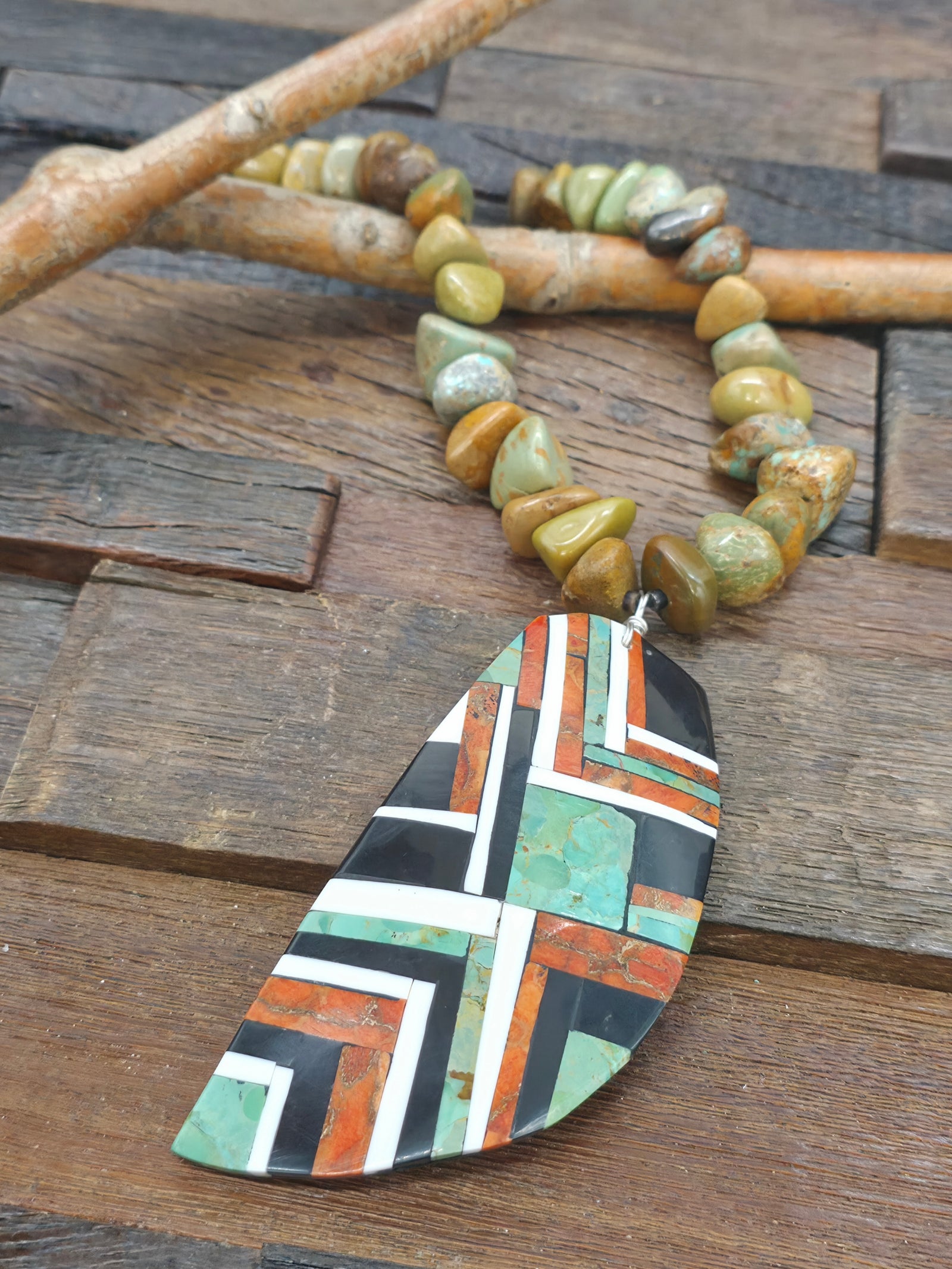 Green Turquoise Nugget and Heishi Necklace with Mosaic Inlay Pendant by Colbert Sherman - 24 in.