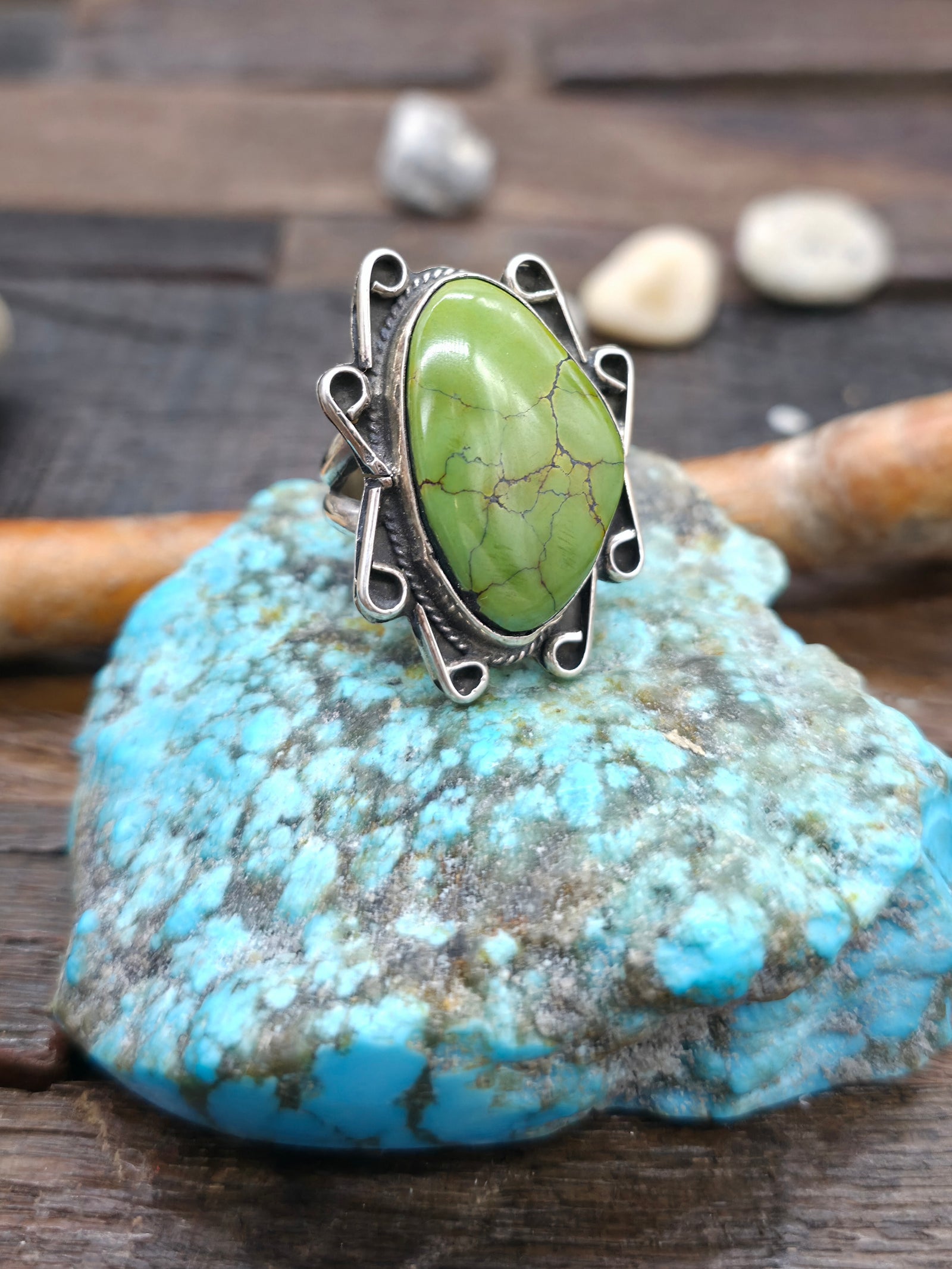 Green Skyhorse Turquoise Sterling Silver Ring by C. Jake - Size 7