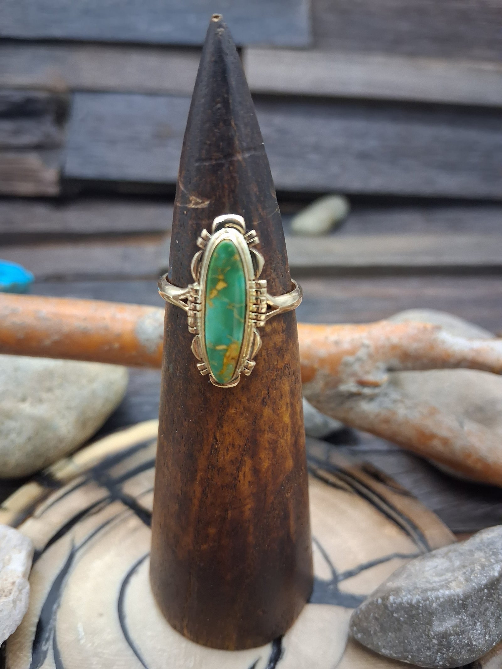 14 KT Stamped Gold Royston Turquoise Oval Ring Size 8 1/4