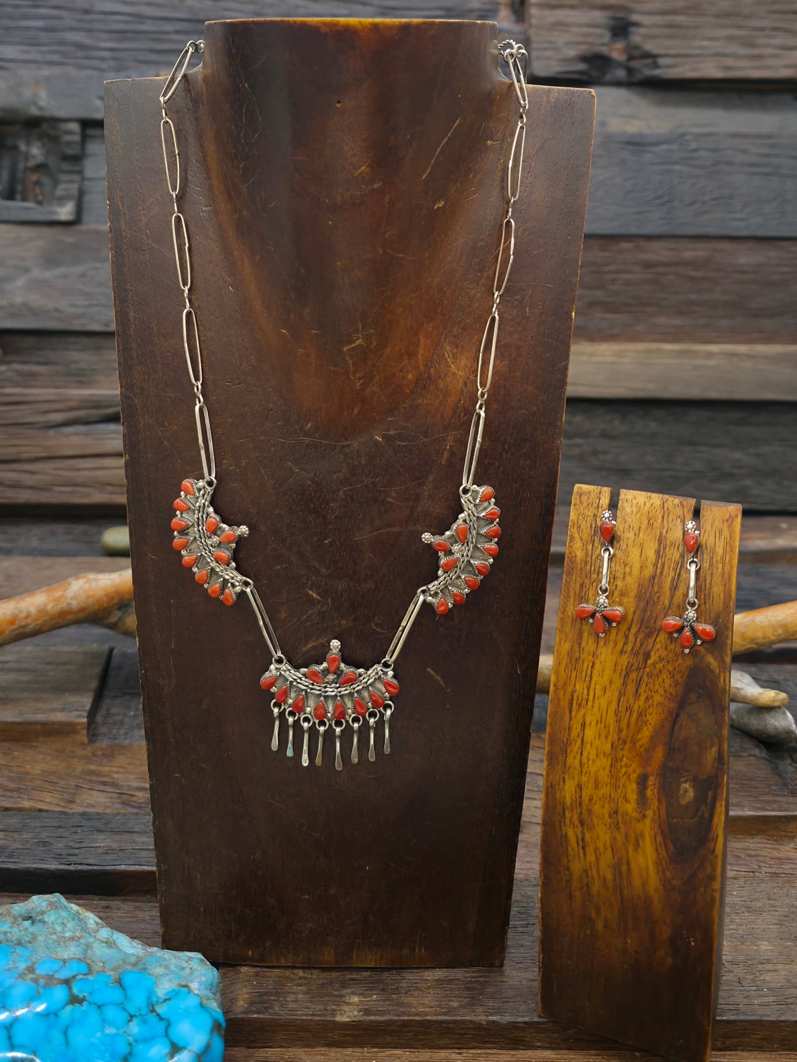 Zuni Sterling Silver and Coral Necklace and Earring Set - 21 in.