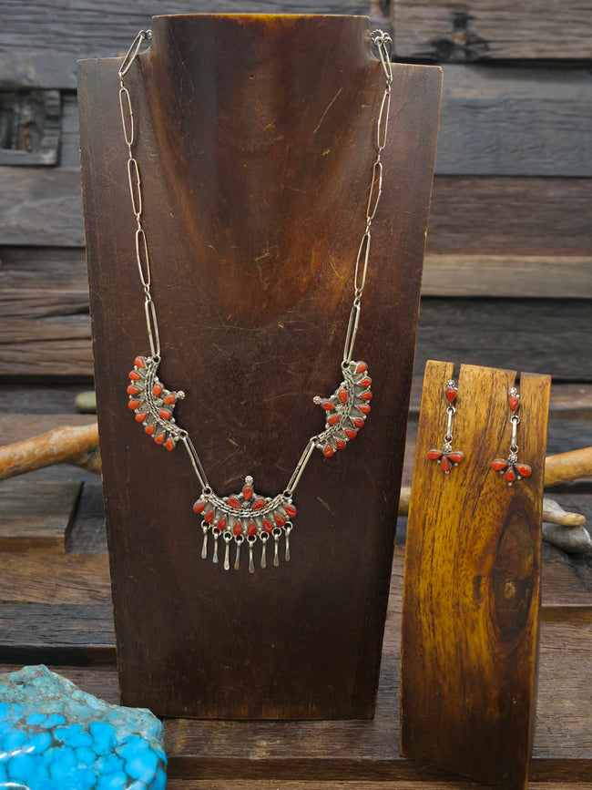 Zuni Sterling Silver and Coral Necklace and Earring Set - 21 in.
