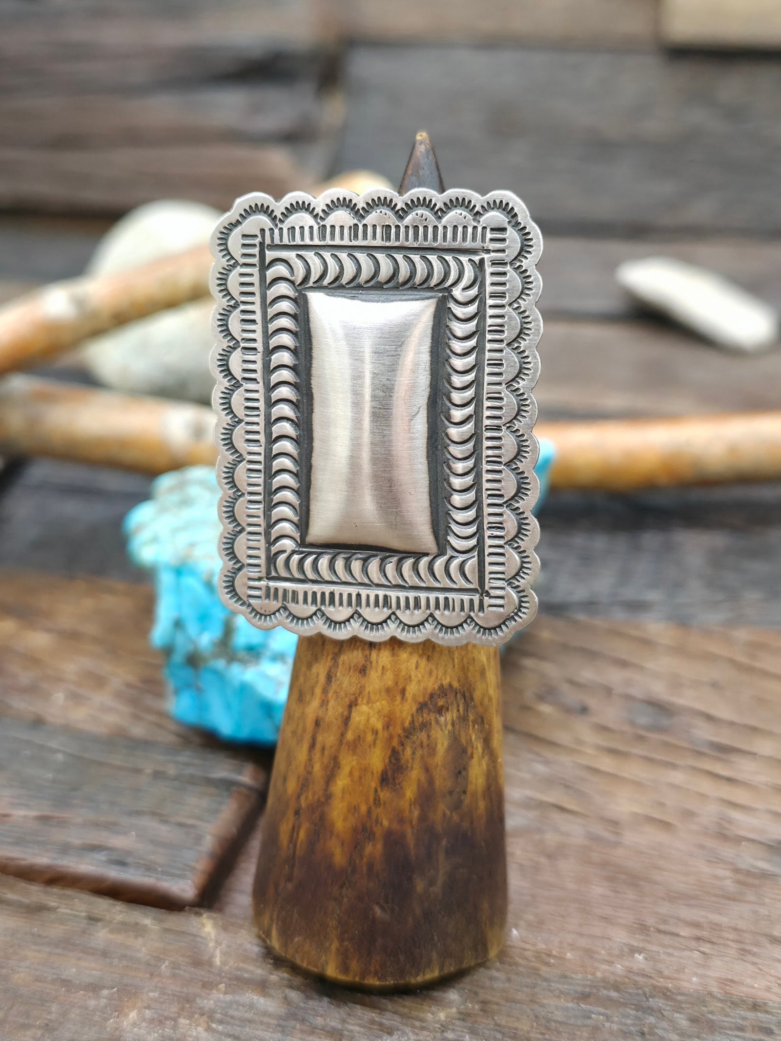 Adjustable Stamped Sterling Silver Ring by Leander Tahe - Rectangle