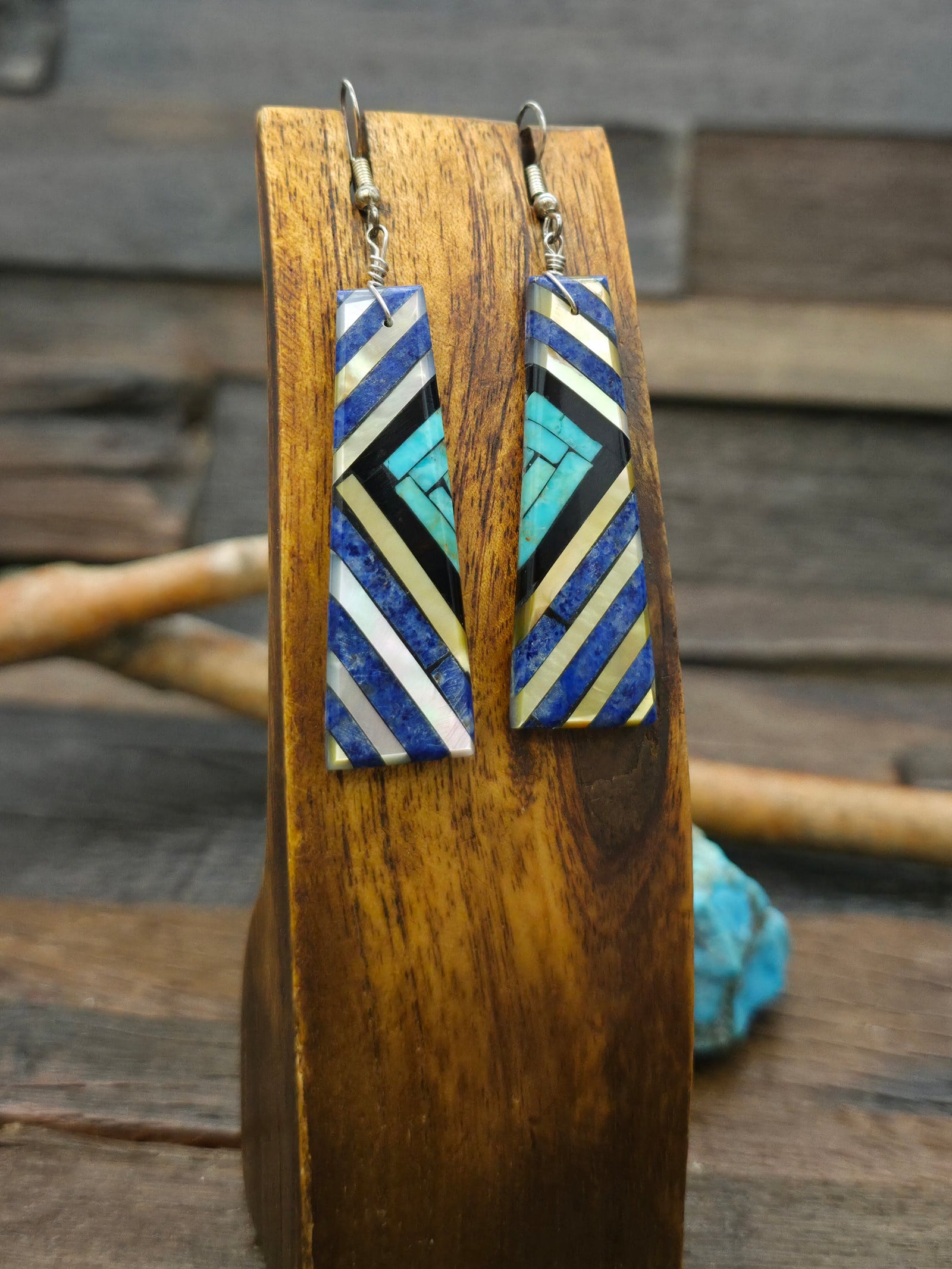 Mosaic Inlay Earrings by Joe Reano - Jet, Turquoise, Lapis, Mother of Pearl - 3 in. by 3/4 in.