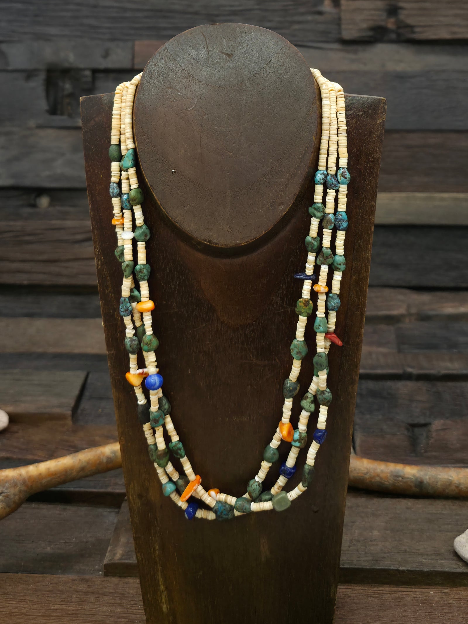 Three Strand Melon Shell Heishi Necklace with Lapis, Turquoise, and Spiny Nuggets by Robert Coriz - 22 in.