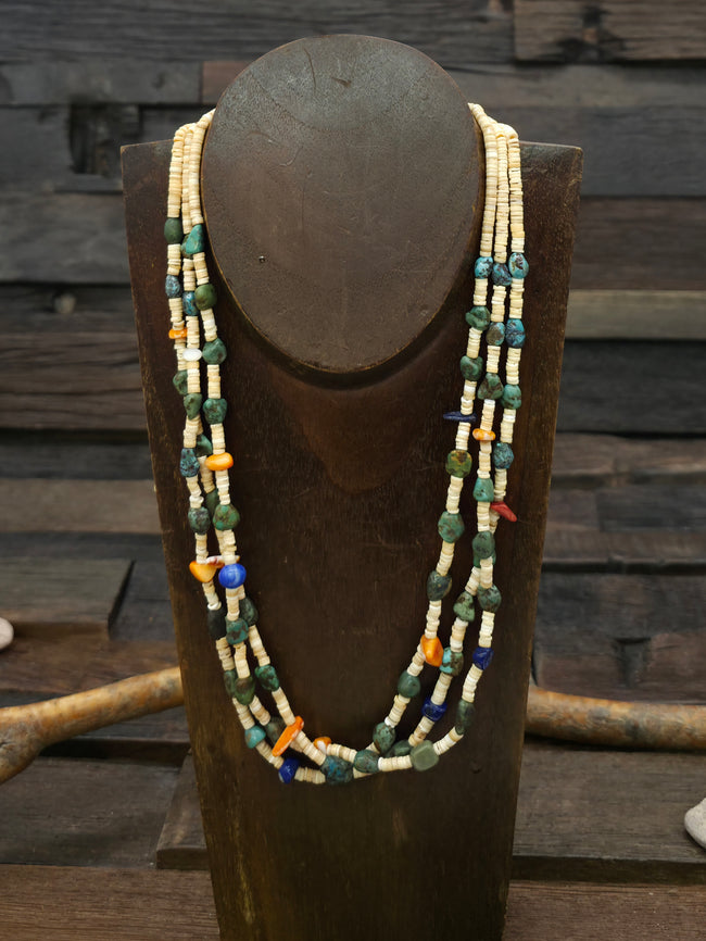 Three Strand Melon Shell Heishi Necklace with Lapis, Turquoise, and Spiny Nuggets by Robert Coriz - 22 in.