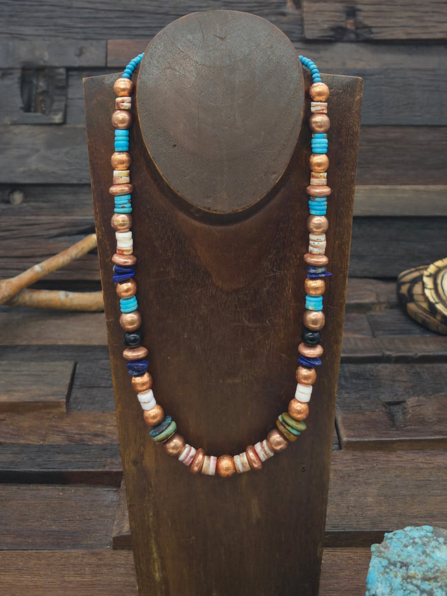 Blue Turquoise, Copper and Mixed Stone Bead Necklace by Lamar Tsosie - 20 in.