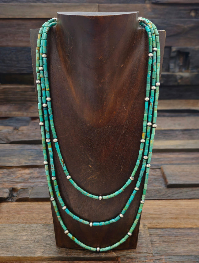 Fred Archuleta 3-Strand Turquoise and Sterling Silver Bib Necklace 19 in.