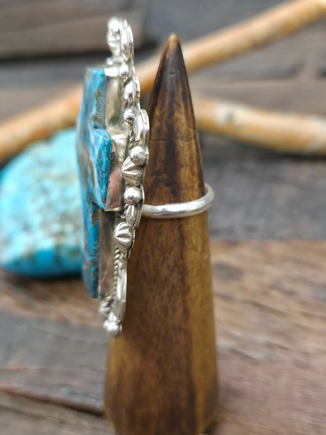Repousse Stamped Sterling Silver Turquoise Cross Ring by Richard Jim - Adjustable