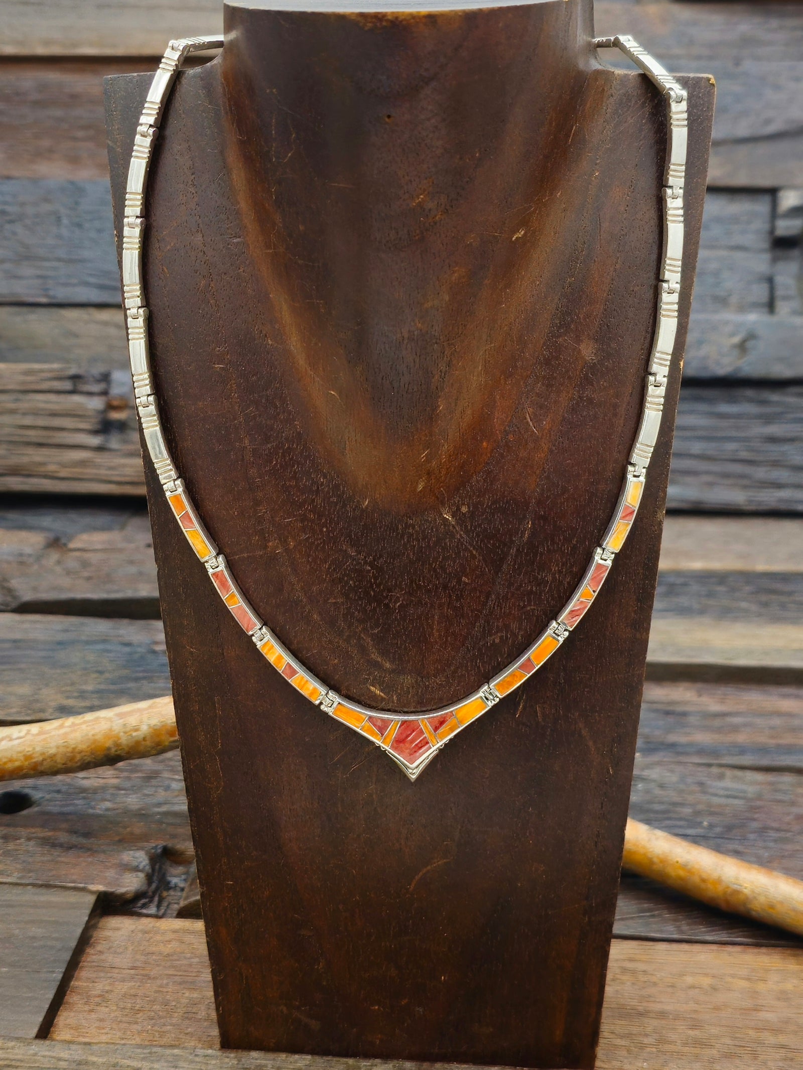 Orange Spiny Oyster Sterling Silver Inlay Collar Necklace - 18 in.