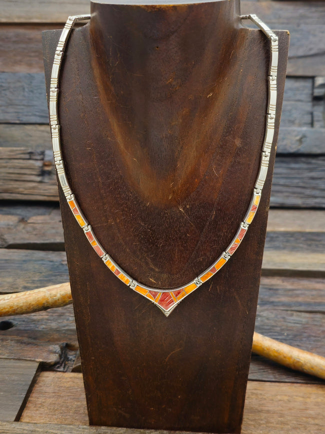 Orange Spiny Oyster Sterling Silver Inlay Collar Necklace - 18 in.