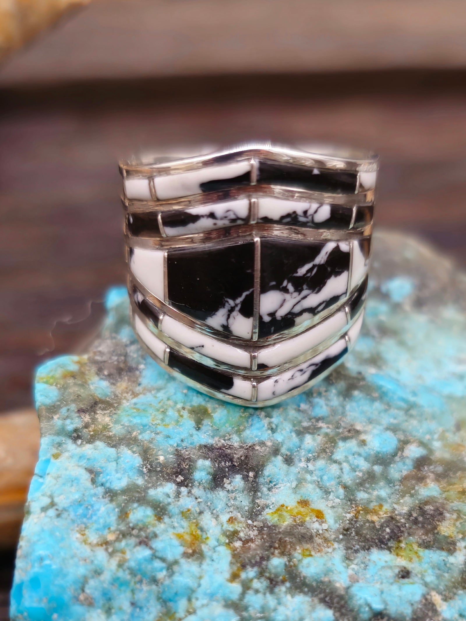 White Buffalo Sterling Silver Inlay Ring by Andrew Enrico - Size 9